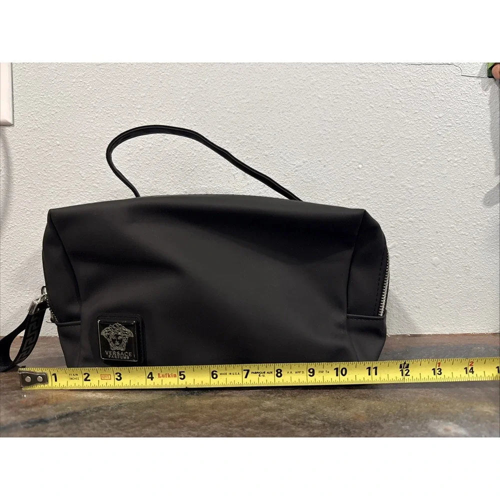 NWOT Versace Parfums Black Double Zip Toiletry Travel Bag Greek Key Strap